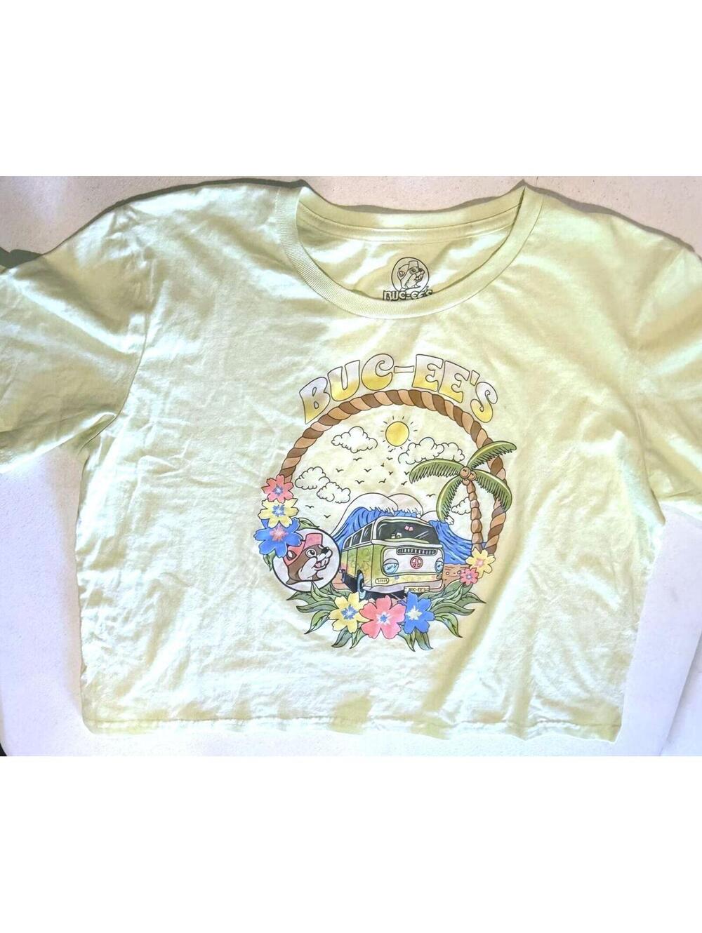 Buc-ee's Green 100 Cotton Cropped Spring Break Summer Hippy Van Palm Tree 2XL